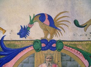 Missal 515 f.13v具有人性面孔的奇幻双腿生物，1449年前执行的合唱团书中的装饰边框细节（细节56721） 作者 Filippo di Matteo Torelli