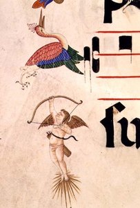 Missal 515 f.5r 一个小天使用弓和无形的箭射杀一只鹳，1449年前执行的唱诗班书的装饰边框细节（牛皮纸）。