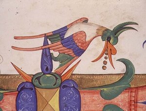Missal 515 f.72v 幻想中的鸟，来自1449年之前执行的唱诗班书的历史化首字母 "L "的装饰细节（牛皮纸）（56719的细节）。