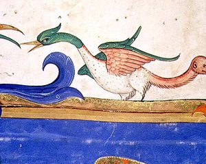 Missal 515 f.72v具有猴脸尾巴的奇幻鸟，1449年前执行的合唱团书中的细节（细节56719）