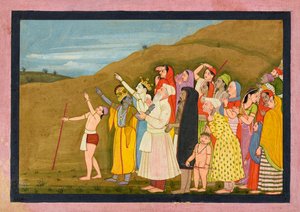 克里希纳和他的家人欣赏日食，也许是 "Kangra/Modi"<em>Bhagavata Purana</em>的一页。 作者 纳因苏克之后的第一代