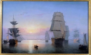 1850 年夕阳下的波士顿港 绘画 Fitz Hugh Lane (1804-1865) 1850 年私人收藏 作者 费兹·亨利·莱恩