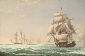 美国护卫舰 "总统 "号与英国中队交战，1815年