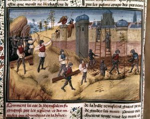 十字军爬上耶路撒冷城墙的十字军。选自 "Histoire des Cr... 作者 佛兰芒学校