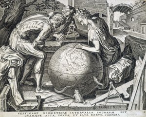 Characters leaning above the globe with comppas (allegory of geometry) - engraving, Flanders 作者 佛兰芒学校