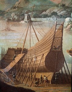 在热那亚的造船厂建造一艘大帆船（细节。绘画 作者 佛兰芒学校