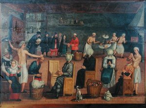 斩首和用白菜代替人头：烘烤人头并为其化妆（布面油画） 作者 佛兰芒学校