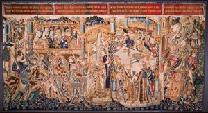 弗莱米斯挂毯系列《底比斯历史》（The History of Thebes-La Historia de Tebas）：提迪奥和波利尼西亚（Tideus and Polineikes, Tidio y Polineces）。约 1490-1500 年。 作者 佛兰芒学校