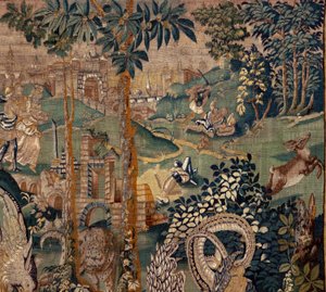 佛兰德挂毯。带凉棚和大型野兽的风景画，有两根圆柱。Oudenaarde 工作室。319x508 厘米。发票 0023。17 世纪。 作者 佛兰芒学校