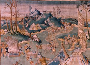 弗拉芒挂毯。格拉尼克斯河附近的军营（Het legerkamp bij de rivier Granikos）。奥德纳德工作室。377x393 厘米。Inv 83104-9 /00011。17 世纪。 作者 佛兰芒学校