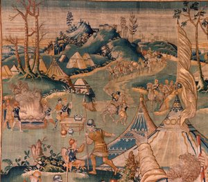 弗拉芒挂毯。格拉尼克斯河附近的军营（Het legerkamp bij de rivier Granikos）。奥德纳德工作室。377x393 厘米。Inv 83104-9 /00011。17 世纪。 作者 佛兰芒学校