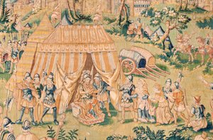 佛兰德挂毯朱迪思书》系列。荷罗费恩之前的朱迪思》（Judith ante Holofernes）。系列中的第五块挂毯。产地：荷兰，布鲁塞尔（？）16 世纪下半叶。织物：羊毛。地点：巴里的圣尼古拉教堂（博物馆 作者 佛兰芒学校