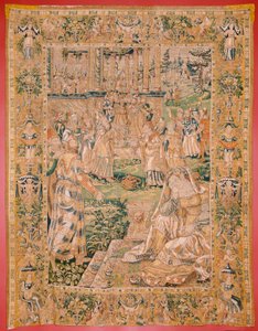 佛兰德挂毯朱迪丝之书》系列。朱迪丝展示霍罗费恩的头颅（Judith muestra la cabeza de Holofernes）。系列挂毯中的第九幅。产地：荷兰，布鲁塞尔（？）16 世纪下半叶。织物：羊毛。地点：布鲁塞尔圣 作者 佛兰芒学校
