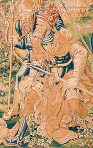佛兰德挂毯朱迪斯之书》系列。霍罗费恩的斩首》（La decapitación de Holofernes）。系列挂毯中的第七幅。制作地：荷兰，布鲁塞尔（？）16 世纪下半叶。织物：羊毛。地点：圣尼古拉教堂 作者 佛兰芒学校