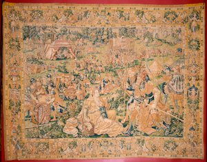 佛兰德挂毯朱迪斯之书》系列。霍罗费恩的斩首》（La decapitación de Holofernes）。系列挂毯中的第七幅。制作地：荷兰，布鲁塞尔（？）16 世纪下半叶。织物：羊毛。地点：圣尼古拉教堂 作者 佛兰芒学校