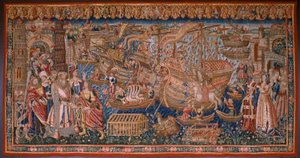 佛兰德挂毯葡萄牙人在印度》系列：抵达卡利卡特（De Aankomst in Calicut, Llegado de Vasco de Gama a Lisboa）。约 1510 年。Caixa Geral de Depósitos 藏品，里斯本。 作者 佛兰芒学校