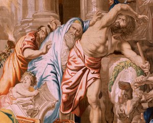 弗拉芒挂毯圣体的胜利》系列。圣餐战胜异教祭品（Victoria de la Eucaristía sobre los sacrificios paganos）。该系列的第四幅挂毯。模型：彼得-保罗-鲁本斯。1626-1628.生产商：Jan II Raes, Jac 作者 佛兰芒学校