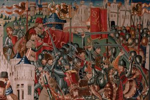 佛兰德挂毯。系列不明。罗马历史？Tarquinius Priscus（塔尔基诺-普里斯科）。布鲁塞尔作坊制造？约 1475 年。织物 羊毛和丝绸，每厘米 6 根经线。由阿尔巴-德-阿利斯特伯爵捐赠，1608 年运抵大教堂。 作者 佛兰芒学校