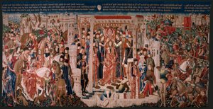 佛兰德挂毯。系列不明。罗马历史？Tarquinius Priscus（塔尔基诺-普里斯科）。布鲁塞尔作坊制造？约 1475 年。织物 羊毛和丝绸，每厘米 6 根经线。由阿尔巴-德-阿利斯特伯爵捐赠，1608 年运抵大教堂。 作者 佛兰芒学校