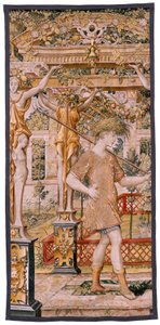 佛兰德挂毯系列 Vertumnus 和 Pomona。第 II 号变身农夫的 Vertumnus (Vertumno y Pomona II Vertumno transformado en agricultor) No1 左侧部分。Pieter Coecke Van Aelst 和 Léonard Thiry 的模型。工作室不详，布鲁塞尔。金色、 作者 佛兰芒学校