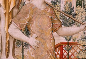 佛兰德挂毯系列 Vertumnus 和 Pomona。第 II 号变身农夫的 Vertumnus (Vertumno y Pomona II Vertumno transformado en agricultor) No1 左侧部分。Pieter Coecke Van Aelst 和 Léonard Thiry 的模型。工作室不详，布鲁塞尔。金色、 作者 Flemish School