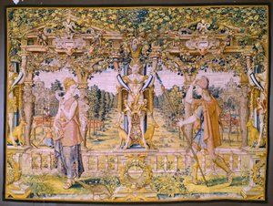佛兰德挂毯系列 Vertumnus 和 Pomona：Vertumnus als landbouwer，Vertumno transformado en agricultor）。Willem de Pannemaker工作室。约 1545-1550 年。 作者 佛兰芒学校