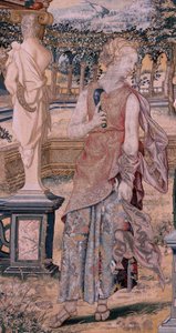 佛兰德挂毯系列 Vertumnus 和 Pomona。Vertumnus变成了收割机（Vertumno transformado en segador）。该系列的第一幅挂毯。Pieter Coeck van Aelst 的模型圈；Wilhelm Pannemaker 制造，布鲁塞尔。约 1545-1550 年。织物 作者 佛兰芒学校