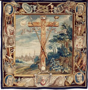 弗拉芒挂毯。荣耀的圣十字架》。17 世纪。Sint-Walburgakerk Oudenaarde 教堂财产（Dekenij van de Sint-Walburga）。 作者 佛兰芒学校