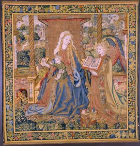 佛兰德挂毯。圣母与孩子和天使》（La Virgen con el niño y un àngel, Maria met Kind en engelen）。约 1500 年。 作者 佛兰芒学校