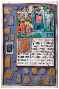 MS 4, vol. 127, f.112v, Martyrdom of St Sebastian with trompe l’oeil border of pilgrim badges and vernicle, from a Book of Hours, Flanders, early sixteenth century (pen & ink and tempera on vellum) 作者 佛兰芒学校