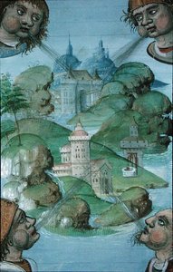 Hunter 9 f.47v 四个角的风吹拂着海面的风景，出自《De Medina Fen I. II》，作者Avicenna (980-1037)（牛皮纸）。 作者 佛兰芒学校