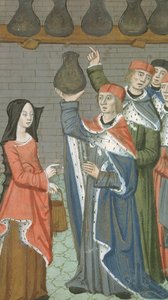 Hunter女士9 f.84r女子带着篮子带来尿壶大脑，来自De Medina Fen I. II，来自Avicenna（980-1037） 作者 佛兰芒学校