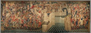 教区挂毯博物馆（Museo Parroquial de Tapices de Pastrana）。佛兰德挂毯。征服坦吉尔（Toma de Tánger，De inname van Tanger）。葡萄牙国王阿方索一世的征服系列（Conquistas de Alfonso V de Portugal）。图尔奈。羊毛和丝绸 作者 佛兰芒学校
