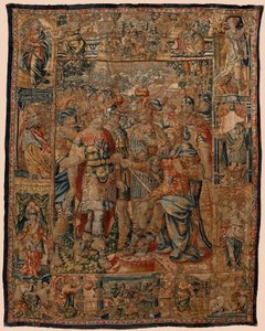 教区挂毯博物馆（Museo Parroquial de Tapices de Pastrana）。佛兰德挂毯。年轻的亚历山大对他的父亲菲利普（El joven Alejandro ante su padre Filipo）。布鲁塞尔。16 世纪。328x407 厘米。 作者 佛兰芒学校