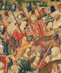 教区挂毯博物馆（Museo Parroquial de Tapices de Pastrana）。佛兰德挂毯。征服坦吉尔（Toma de Tánger，De inname van Tanger）。葡萄牙国王阿方索一世的征服系列（Conquistas de Alfonso V de Portugal）。图尔奈。细节。羊毛 作者 佛兰芒学校
