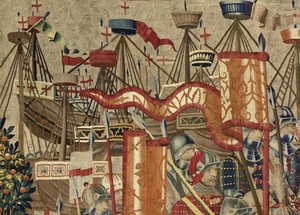 显示葡萄牙国王阿方索五世（Conquistas de Alfonso V de葡萄牙），图尔纳的征服的挂毯。细节。 （羊毛和丝绸） 作者 佛兰芒学校