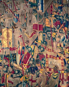 挂毯展示了葡萄牙国王阿方索五世 (Conquistas de Alfonso V de Portugal) 的征服，图尔奈。 细节。 （羊毛和丝绸） 作者 佛兰芒学校