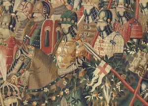 挂毯展示了葡萄牙国王阿方索五世 (Conquistas de Alfonso V de Portugal) 的征服，图尔奈。 细节。 （羊毛和丝绸） 作者 佛兰芒学校