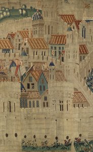 挂毯展示了葡萄牙国王阿方索五世 (Conquistas de Alfonso V de Portugal) 的征服，图尔奈。 细节。 （羊毛和丝绸） 作者 佛兰芒学校