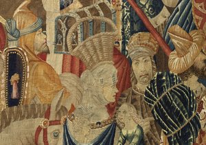 挂毯展示了葡萄牙国王阿方索五世 (Conquistas de Alfonso V de Portugal) 的征服，图尔奈。 细节。 （羊毛和丝绸） 作者 佛兰芒学校