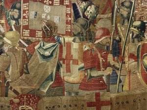 挂毯展示了葡萄牙国王阿方索五世 (Conquistas de Alfonso V de Portugal) 的征服，图尔奈。 细节。 （羊毛和丝绸） 作者 佛兰芒学校