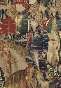 挂毯展示了葡萄牙国王阿方索五世 (Conquistas de Alfonso V de Portugal) 的征服，图尔奈。 细节。 （羊毛和丝绸） 作者 佛兰芒学校