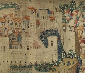 挂毯展示了葡萄牙国王阿方索五世 (Conquistas de Alfonso V de Portugal) 的征服，图尔奈。 细节。 （羊毛和丝绸） 作者 佛兰芒学校