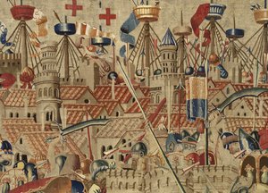 挂毯展示了葡萄牙国王阿方索五世 (Conquistas de Alfonso V de Portugal) 的征服，图尔奈。 细节。 （羊毛和丝绸） 作者 佛兰芒学校