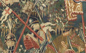 挂毯展示了葡萄牙国王阿方索五世 (Conquistas de Alfonso V de Portugal) 的征服，图尔奈。 细节。 （羊毛和丝绸） 作者 佛兰芒学校