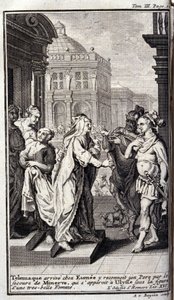 Telemaque 到达 Eumee 的家，在 Minerve 的帮助下认出了她的父亲，Minerve 以美丽女人的形象出现在《尤利西斯》中。 插图 XVI de l