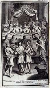 Telemaque 在 Lacedemone 的 Menelas 宫殿与 Pisistrate 被接见。 1731 年在米兰的阿姆斯特丹出版的《奥德赛》中的《荷马的奥德赛》第四册插图。 作者 佛兰芒学校