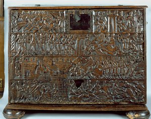 Courtrai Chest描绘了金色马刺战役的场景，于1302年在Courtrai战斗（木头）