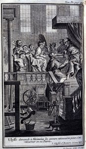Ullysse 向 Alcinous (Alcinoos) 寻求必要的帮助以返回他的祖国。 1731 年在阿姆斯特丹出版的《奥德赛》第七卷插图，米兰私人收藏。 作者 佛兰芒学校