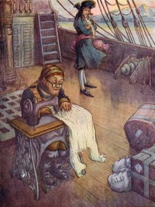 水手长斯米正在缝纫机上工作（彩色石版画）